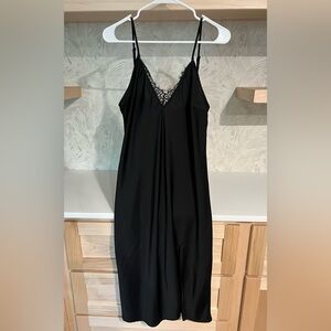 Black Satin Dress with Lace Detail